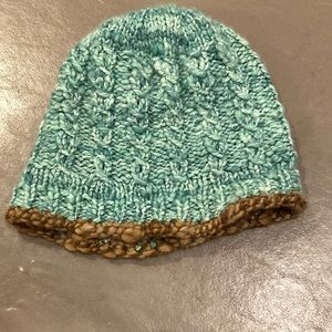 Hand knit green and brown wool hat